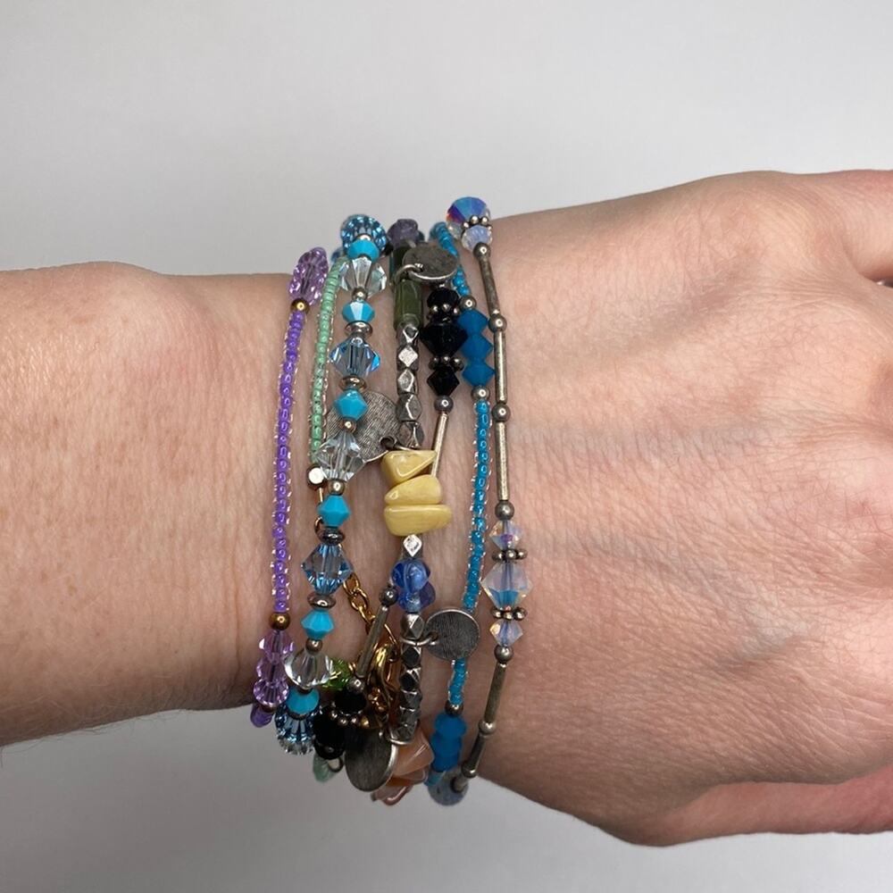 7 Thin Beaded Lobster Clasp Bracelets Loose Fitting Bohemian Colorful EUC OS